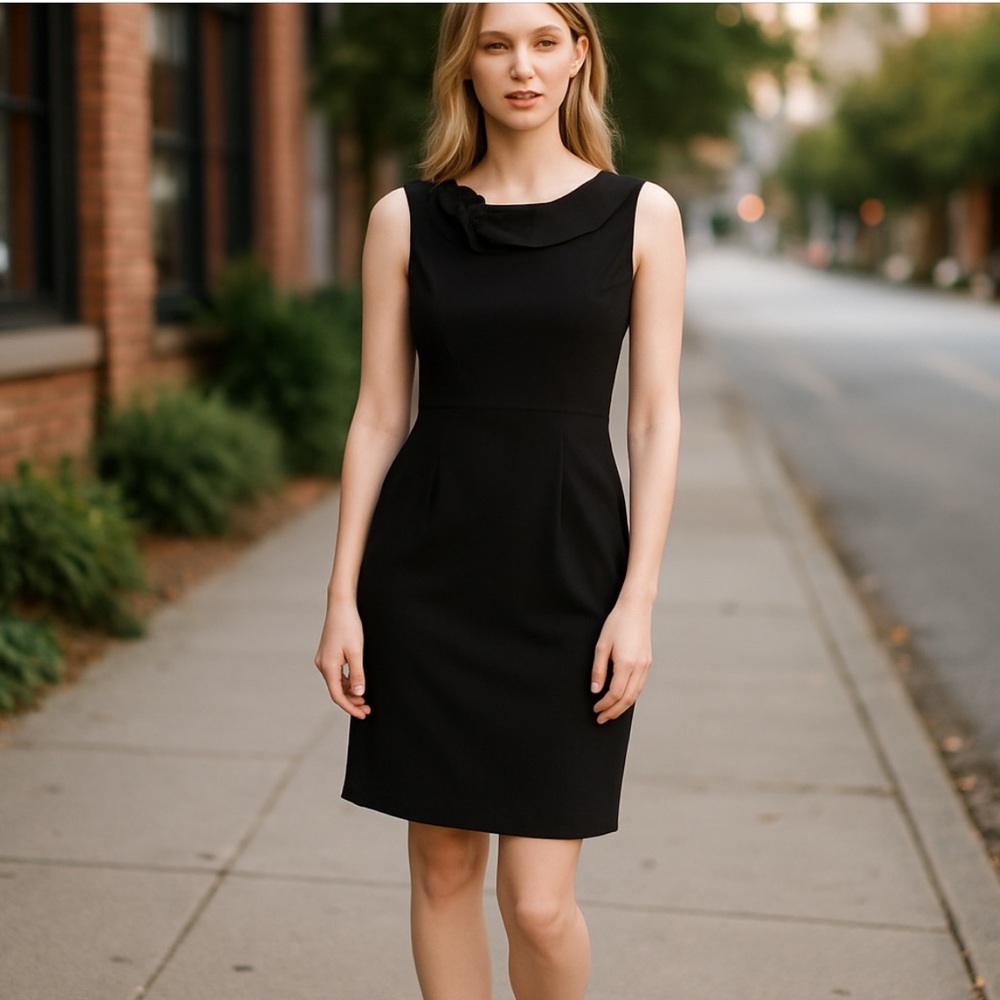 Calvin Klein Black Cowl Neck Sheath Dress with Rose Detail